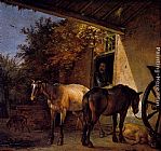 Famous Horses Paintings - A Barnyard With Two Plough Horses
